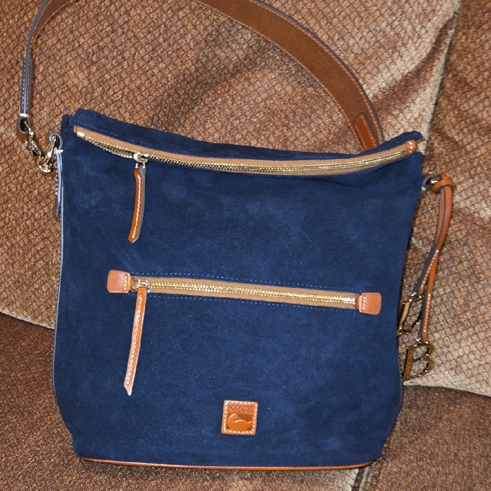 Dooney & Bourke Blue Suede Shoulder Bag with Tan Accents